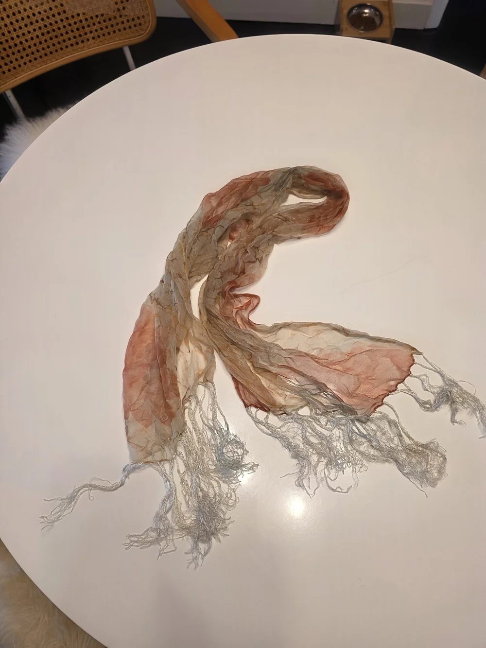 Vintage 70s Delicate Fringe Hippie Orange and Cream Lightweight Crinkle Scarf